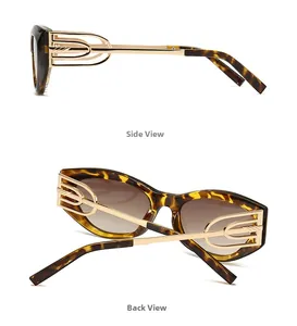 Detail view of tortoiseshell cat-eye sunglasses with golden hollow G-shape temple hinges