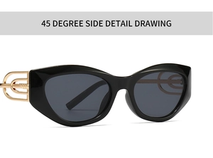 Close-up of cat-eye sunglasses featuring golden triple-ring hollow bridge design