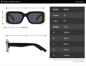 Detailed size chart for retro cat eye sunglasses showing PC frame dimensions and weight