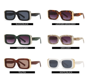 Retro rectangle sunglasses grid showing six colors with gold metal hinge accents