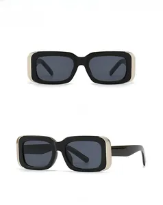 Macro detail of rectangle sunglasses with black frame and silver metallic trim