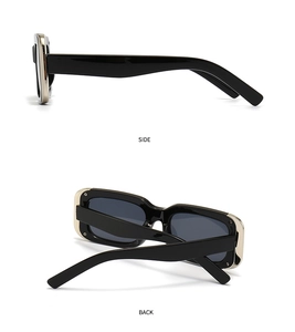 Side and back view of retro rectangle cat eye sunglasses with gold metal temple accents