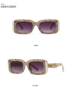 Dual view of marble textured rectangle sunglasses with purple gradient lenses and gold decor