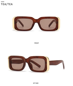 Detail of tortoise shell rectangular sunglasses with gold metal accents and tea lenses
