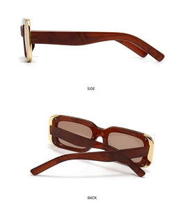 Side and back view of retro rectangle cat-eye sunglasses with tortoiseshell texture and gold trim