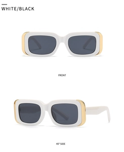White rectangular cat-eye sunglasses with thick frames and dark grey lenses, front and side view