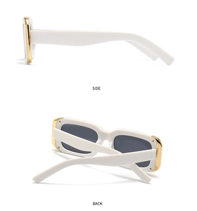 Side and back view of white rectangle sunglasses with gold accents and dark grey lenses