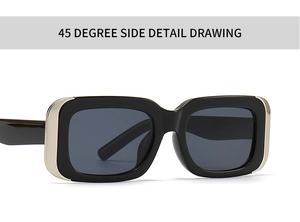 Detail view showing black square frame sunglasses with silver metal accents at 45 degree