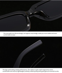 Detail of silicone nose pads and anti-slip temple tips on black rectangular sunglasses