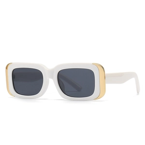 Modern rectangle white cat-eye sunglasses with gold metal trim and dark lenses