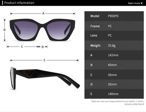 Detailed size chart for retro square oversized sunglasses with frame dimensions and specs