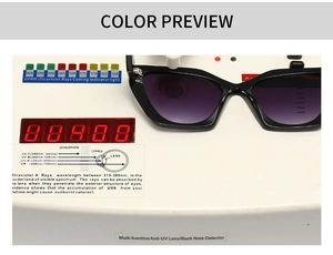 Black cat-eye sunglasses on a UV400 tester showing high-level ultraviolet protection