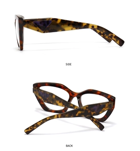 Detailed side and back view of tortoiseshell square sunglasses with triangle accents