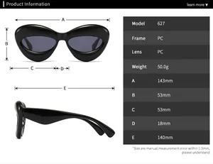 Detailed size chart for futuristic polygon sunglasses with dimensions and specifications