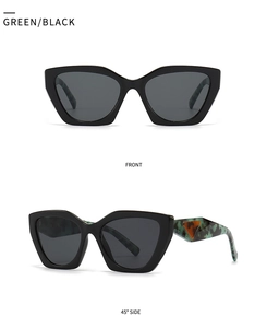 Front and 45-degree side view of vintage square sunglasses with tortoiseshell green temples
