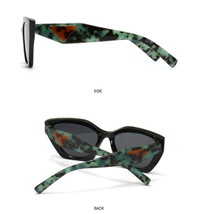 Detail view of retro square marble texture sunglasses with orange triangle on the temple