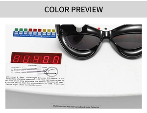 Detail of futuristic cat-eye sunglasses undergoing a professional UV400 protection test