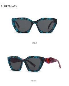 Front and 45-degree side view of cat-eye sunglasses with blue-black floral pattern frame