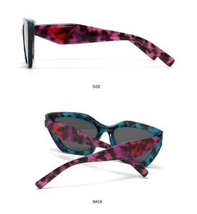 Detail of tortoiseshell texture and iconic red triangle emblem on sunglasses temple