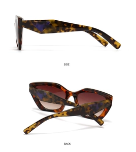 Detail view of tortoiseshell sunglasses featuring iconic purple triangle side accents