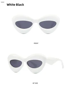 Front and 45-degree side view of futuristic white oversized wrap sunglasses with dark lenses