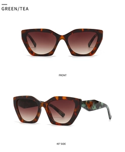 Front and 45-degree side view of vintage tortoise cat-eye sunglasses with green tea lenses
