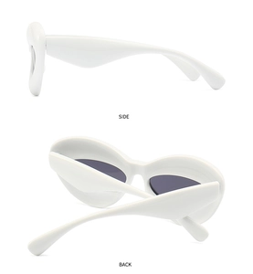 Detail view of white futuristic sunglasses showing side and back profile with dark lenses