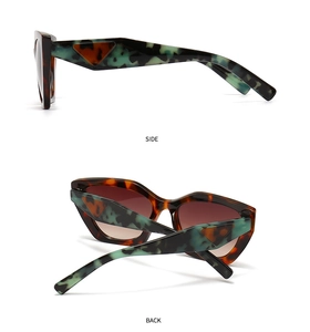 Detail view of tortoiseshell sunglasses with green marble temples and 3D triangle design