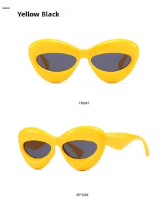 Front and 45-degree side view of yellow futuristic polygon sunglasses with dark gray lenses
