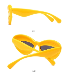 Detailed side and back view of trendy bright yellow chunky frame sunglasses with dark lenses