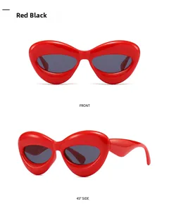 Front and side view of red futuristic wrap-around sunglasses with thick inflated frames