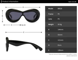 Size chart with detailed measurements for futuristic oversized PC sunglasses