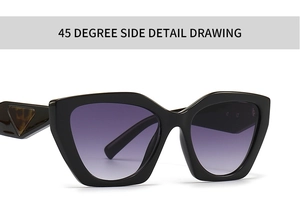 Detail view of cat-eye sunglasses with purple gradient lenses and triangular metal temple