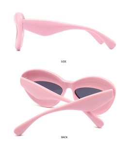 Side and back view of glossy pink polygon sunglasses with thick temples and dark lenses