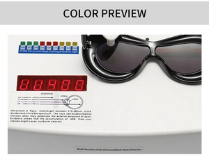 Detail of black futuristic sunglasses on a UV400 testing machine showing lens protection