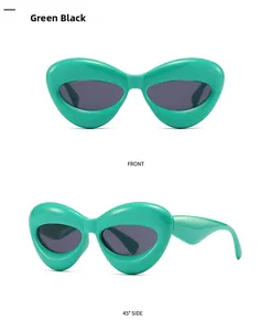 Front and 45-degree side view of oversized green bubble frame futuristic sunglasses
