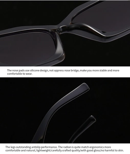 Detail of square sunglasses featuring soft silicone nose pads and ergonomic temple arms