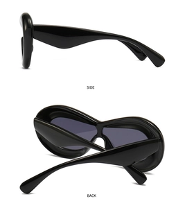 Side and back view of chunky futuristic black sunglasses with thick streamlined temples