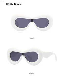 Front and 45-degree side views of white inflated oversized futuristic sunglasses