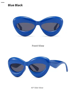 Front and side view of futuristic blue wrap-around sunglasses with grey lenses