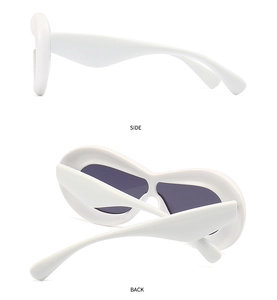 Side and back view of futuristic thick white frame sunglasses with dark grey lenses