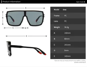Size guide for PC frame sunglasses showing total width 150mm and 141mm lens width