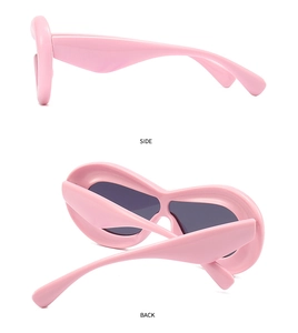 Side and back view of chunky pink puff sunglasses with deep gray lenses