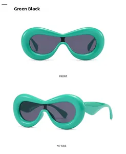 Front and 45-degree side views of futuristic green chunky round sunglasses with grey lenses