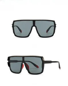 Front and 45-degree side view of oversized black square sunglasses with red temple tips