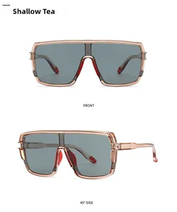 Front and 45-degree side views of shallow tea oversized goggle-style sunglasses