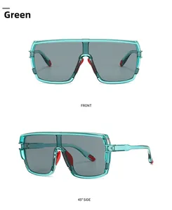 Front and side view of square green translucent sunglasses with grey lenses