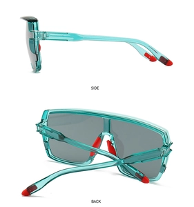 Side and back view of translucent teal shield sunglasses with red anti-slip rubber pads