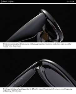 Close-up of reinforced hinges and high-quality polished frames on futuristic black sunglasses