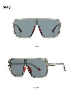 Front and 45-degree side view of gray oversized sporty sunglasses with red accents